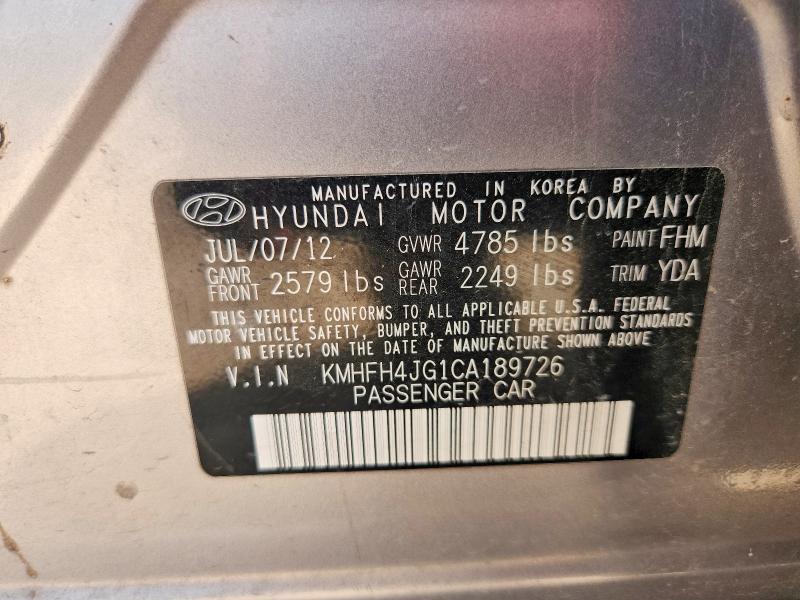 60035026 :رقم المزاد ، KMHFH4JG1CA189726 vin ، 2012 Hyundai Azera مزاد بيع