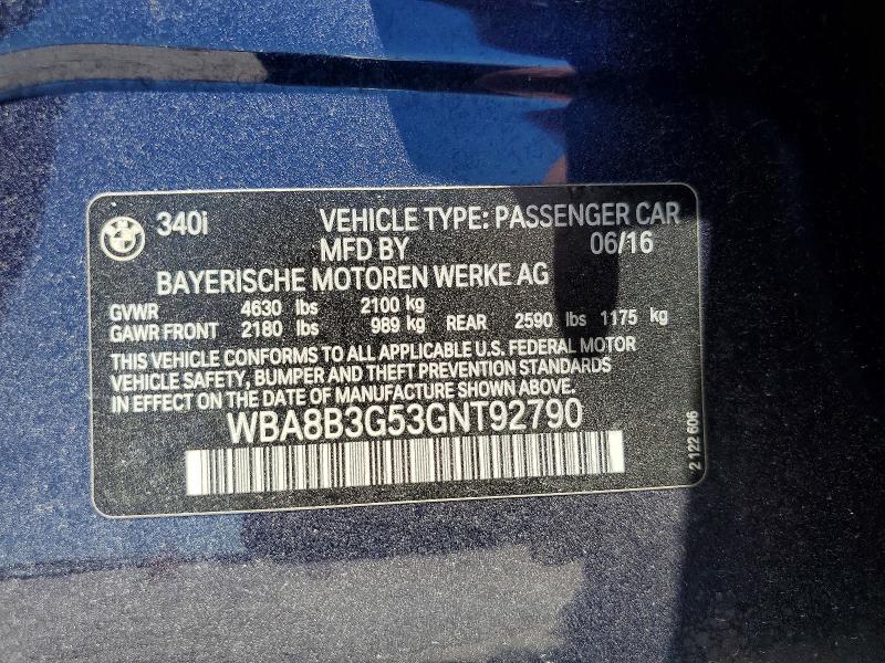 Aukcja sprzedaży 2016 Bmw 340, vin: WBA8B3G53GNT92790, numer aukcji: 59829216