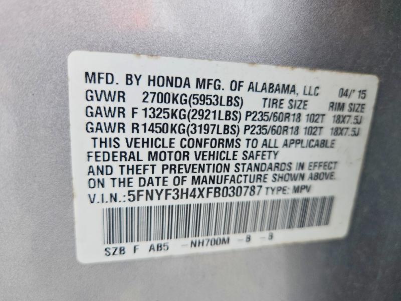 2015 Honda Pilot მანქანა იყიდება აუქციონზე, vin: 5FNYF3H4XFB030787, აუქციონის ნომერი: 61224206
