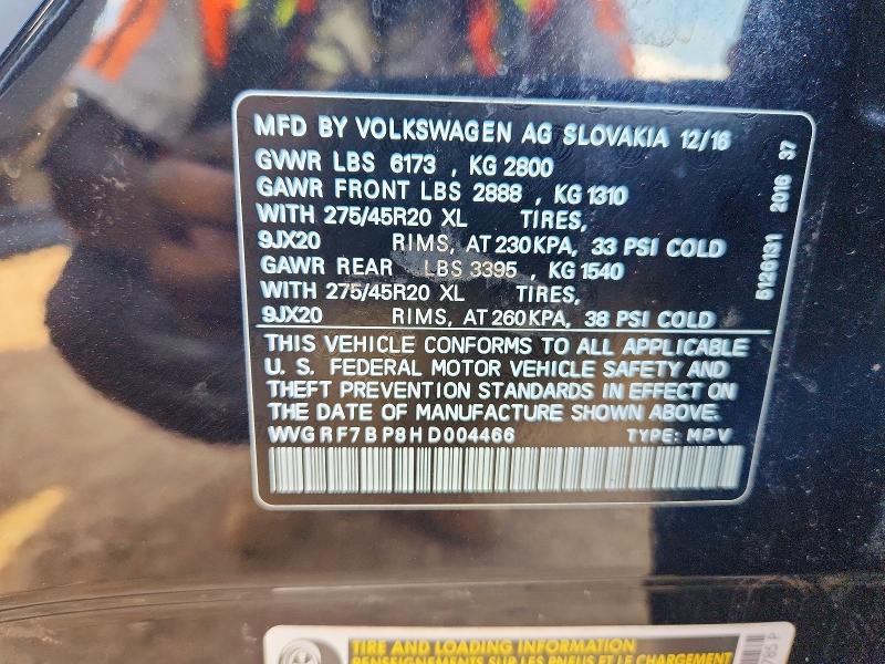 61713686 :رقم المزاد ، WVGRF7BP8HD004466 vin ، 2017 Volkswagen Tiguan مزاد بيع