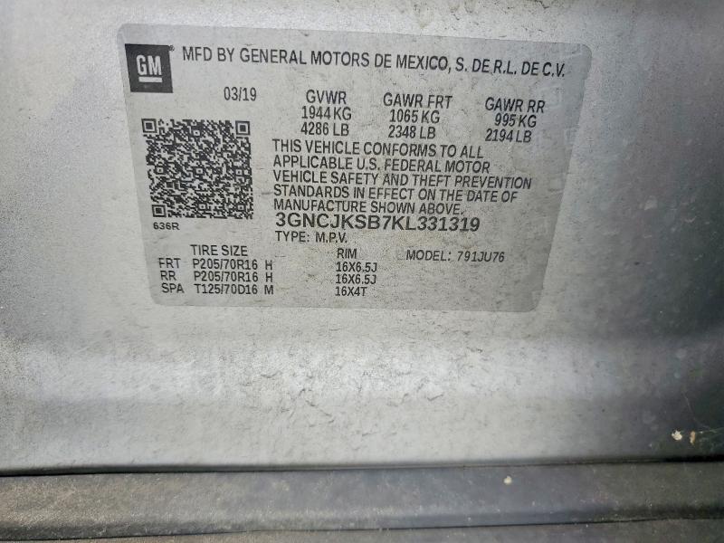 Продаж на аукціоні авто 2019 Chevrolet Trax, vin: 3GNCJKSB7KL331319, номер лоту: 59775706