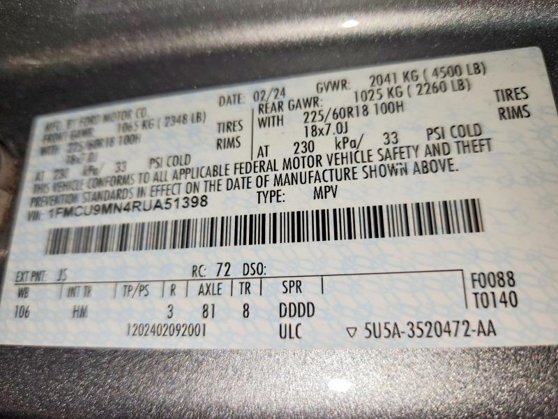 2024 Ford Escape მანქანა იყიდება აუქციონზე, vin: 1FMCU9MN4RUA51398, აუქციონის ნომერი: 59957276