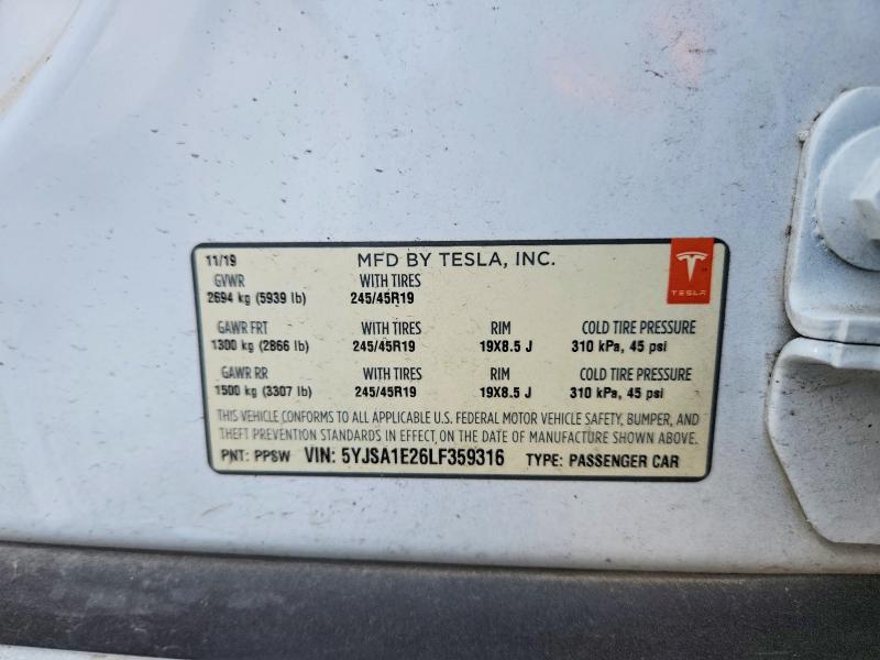 2020 Tesla Model S მანქანა იყიდება აუქციონზე, vin: 5YJSA1E26LF359316, აუქციონის ნომერი: 60639506