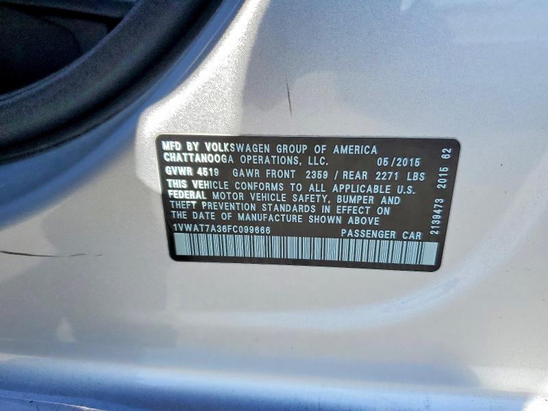 63155356 :رقم المزاد ، 1VWAT7A36FC099666 vin ، 2015 Volkswagen Passat مزاد بيع