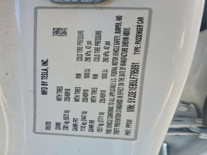 61907966 :رقم المزاد ، 5YJ3E1EB5LF795891 vin ، 2020 Tesla Model 3 مزاد بيع