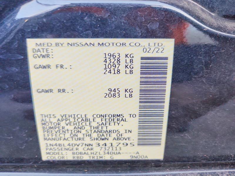 60518316 :رقم المزاد ، 1N4BL4DV7NN341795 vin ، 2022 Nissan Altima مزاد بيع