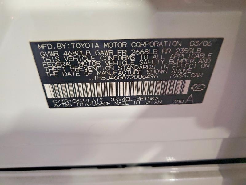 Продажа на аукционе авто 2007 Lexus Es, vin: JTHBJ46G872006496, номер лота: 61038666