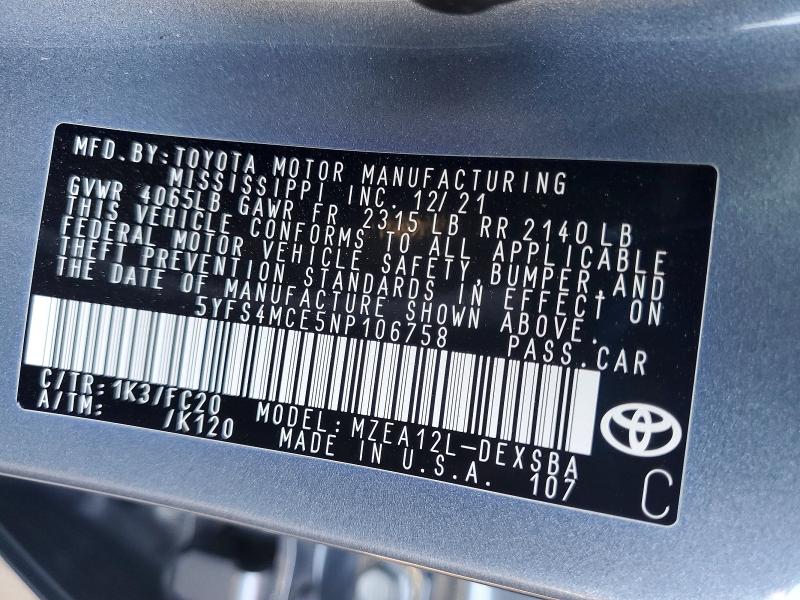 2022 Toyota Corolla მანქანა იყიდება აუქციონზე, vin: 5YFS4MCE5NP106758, აუქციონის ნომერი: 63402006