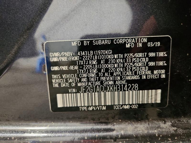 2019 Subaru Crosstrek მანქანა იყიდება აუქციონზე, vin: JF2GTACCXKH314228, აუქციონის ნომერი: 59692646