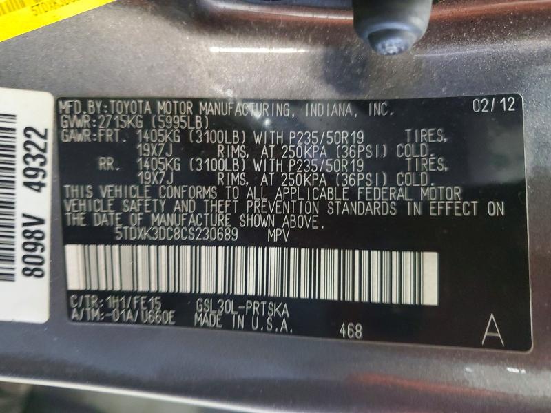 Aukcja sprzedaży 2012 Toyota Sienna, vin: 5TDXK3DC8CS230689, numer aukcji: 61948516