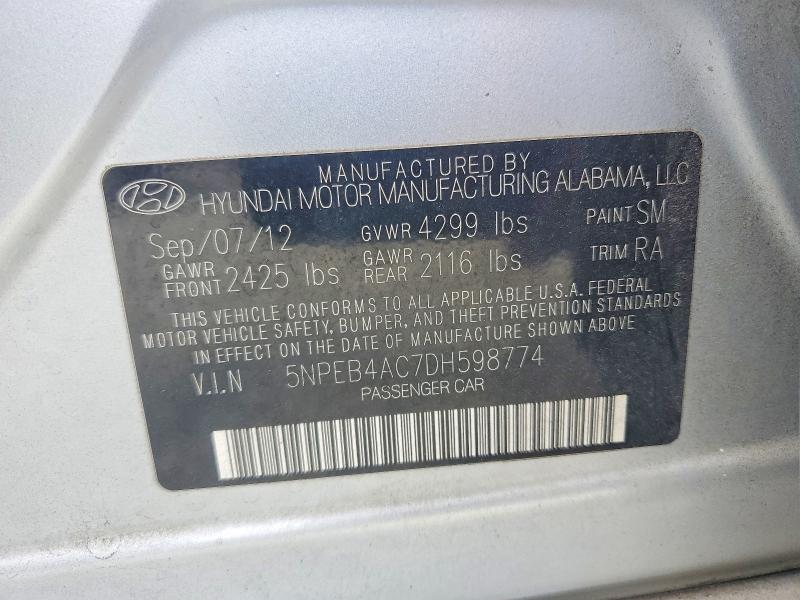 60623136 :رقم المزاد ، 5NPEB4AC7DH598774 vin ، 2013 Hyundai Sonata مزاد بيع