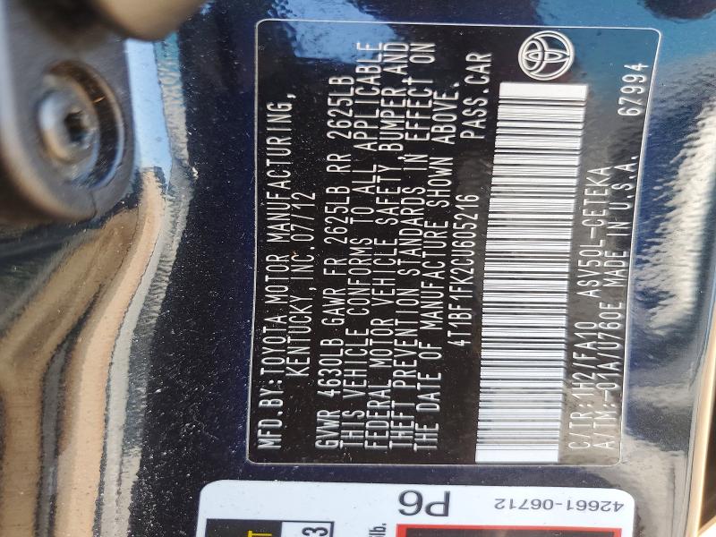 Aukcja sprzedaży 2012 Toyota Camry, vin: 4T1BF1FK2CU605216, numer aukcji: 59893816