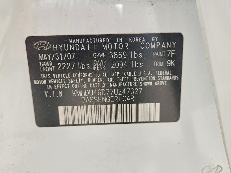 2007 Hyundai Elantra მანქანა იყიდება აუქციონზე, vin: KMHDU46D77U247327, აუქციონის ნომერი: 59873656