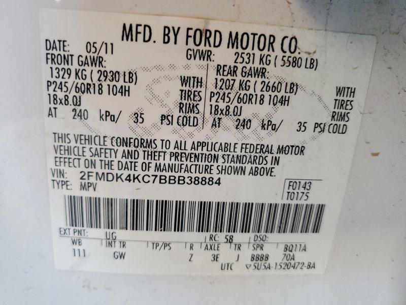 59672196 :رقم المزاد ، 2FMDK4KC7BBB38884 vin ، 2011 Ford Edge مزاد بيع