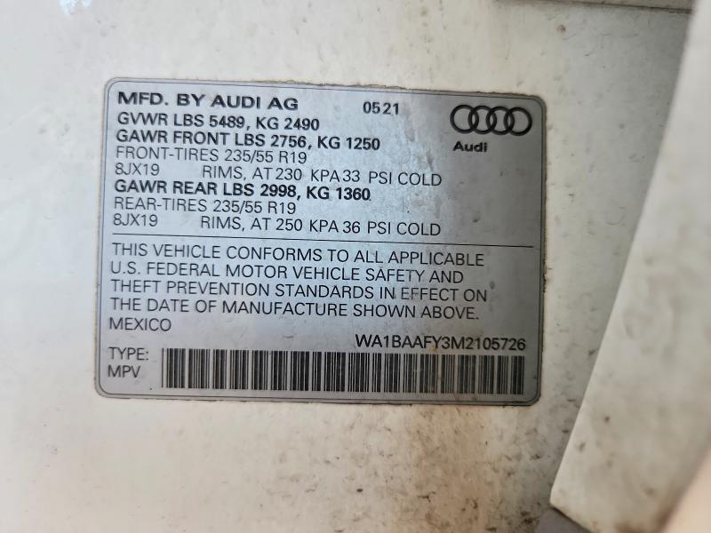 2021 Audi Q5 მანქანა იყიდება აუქციონზე, vin: WA1BAAFY3M2105726, აუქციონის ნომერი: 62915346