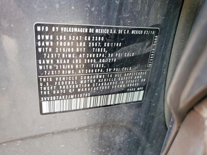Aukcja sprzedaży 2018 Volkswagen Tiguan, vin: 3VV3B7AX2JM119793, numer aukcji: 60622166