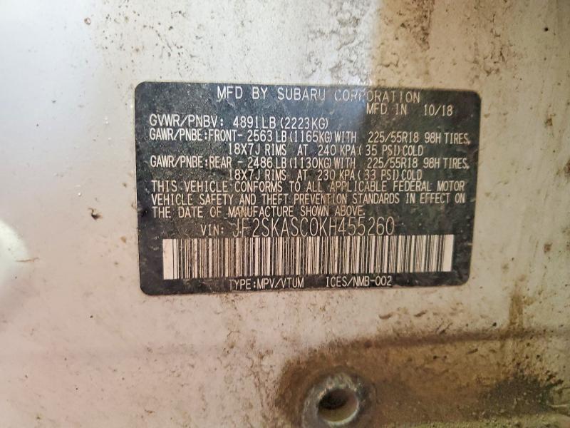 Продаж на аукціоні авто 2019 Subaru Forester, vin: JF2SKASC0KH455260, номер лоту: 62680126
