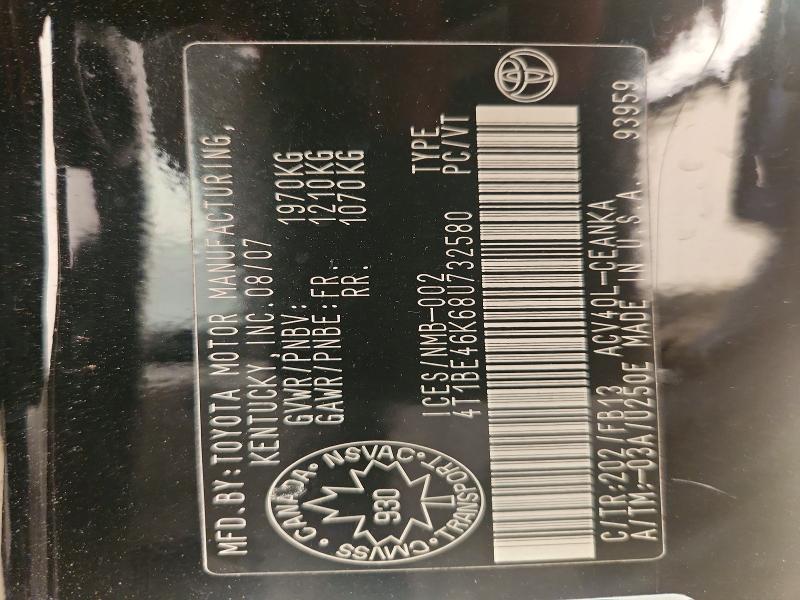 2008 Toyota Camry მანქანა იყიდება აუქციონზე, vin: 4T1BE46K68U732580, აუქციონის ნომერი: 60783586
