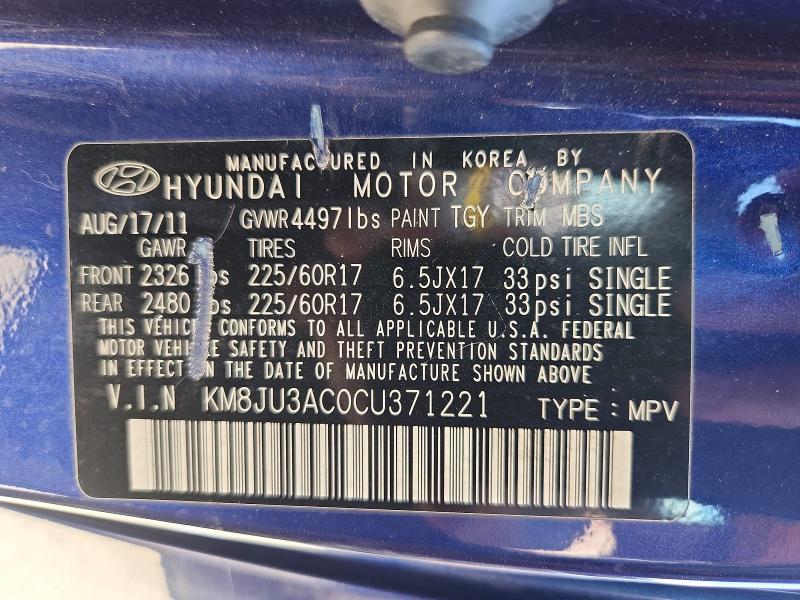 Продаж на аукціоні авто 2012 Hyundai Tucson, vin: KM8JU3AC0CU371221, номер лоту: 56493466