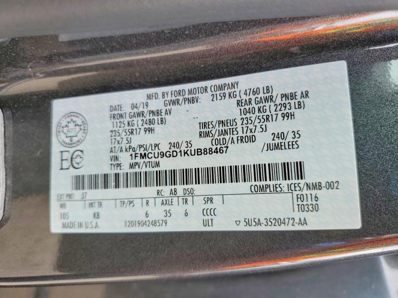 Продаж на аукціоні авто 2019 Ford Escape, vin: 1FMCU9GD1KUB88467, номер лоту: 60026686