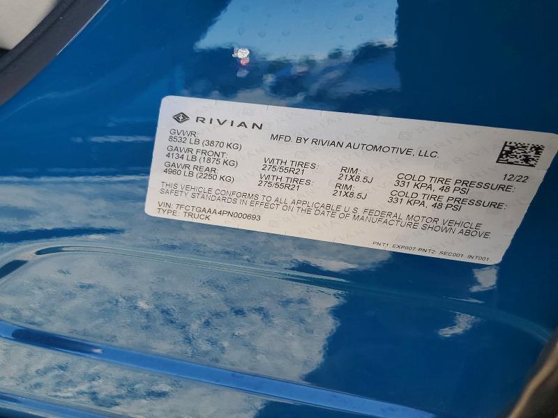 2023 Rivian R1t მანქანა იყიდება აუქციონზე, vin: 7FCTGAAA4PN000693, აუქციონის ნომერი: 61186236