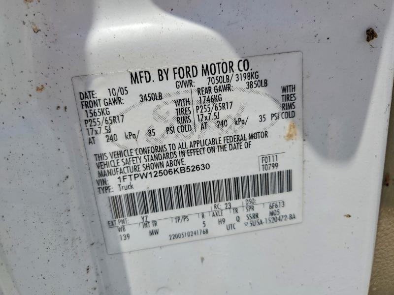 2005 Ford F-150 მანქანა იყიდება აუქციონზე, vin: 1FTPW12506KB52630, აუქციონის ნომერი: 59214636
