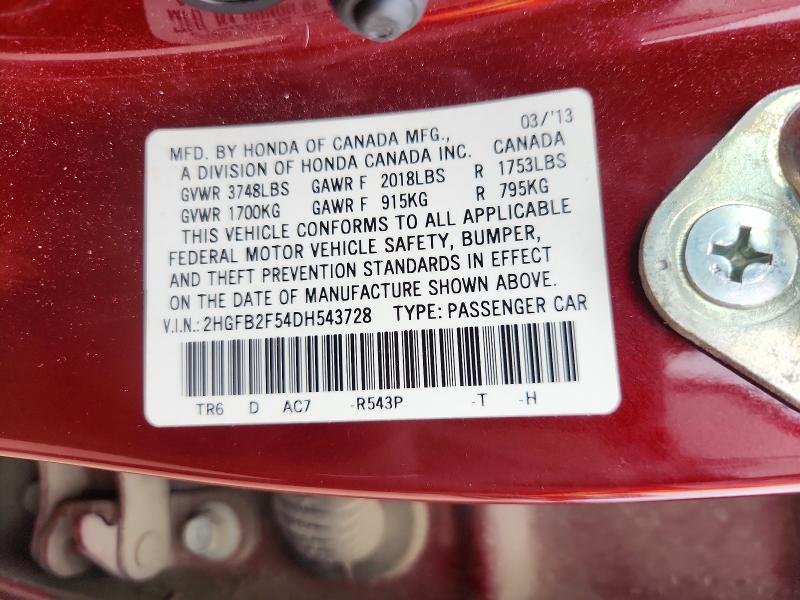61399726 :رقم المزاد ، 2HGFB2F54DH543728 vin ، 2013 Honda Civic مزاد بيع
