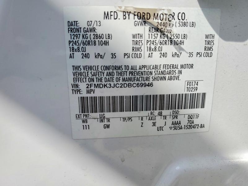 62082476 :رقم المزاد ، 2FMDK3JC2DBC69946 vin ، 2013 Ford Edge مزاد بيع