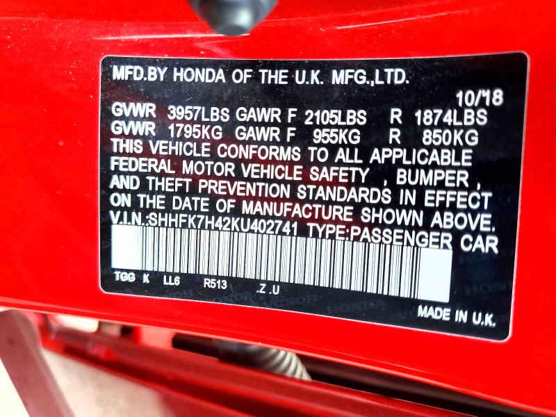 2019 Honda Civic მანქანა იყიდება აუქციონზე, vin: SHHFK7H42KU402741, აუქციონის ნომერი: 59738236