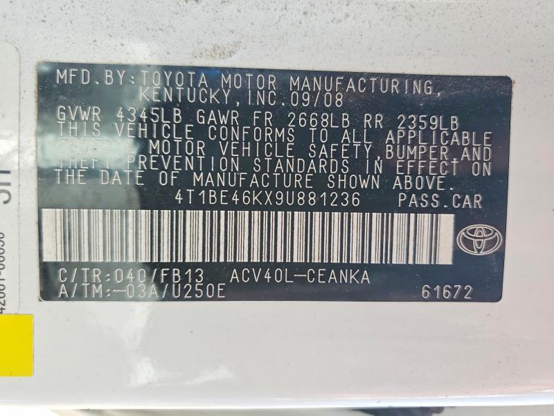 Продаж на аукціоні авто 2009 Toyota Camry, vin: 4T1BE46KX9U881236, номер лоту: 61893916