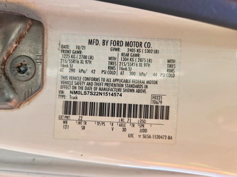 Продаж на аукціоні авто 2022 Ford Transit Connect, vin: NM0LS7S22N1514574, номер лоту: 60870516