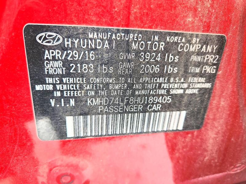2017 Hyundai Elantra მანქანა იყიდება აუქციონზე, vin: KMHD74LF8HU189405, აუქციონის ნომერი: 62457276