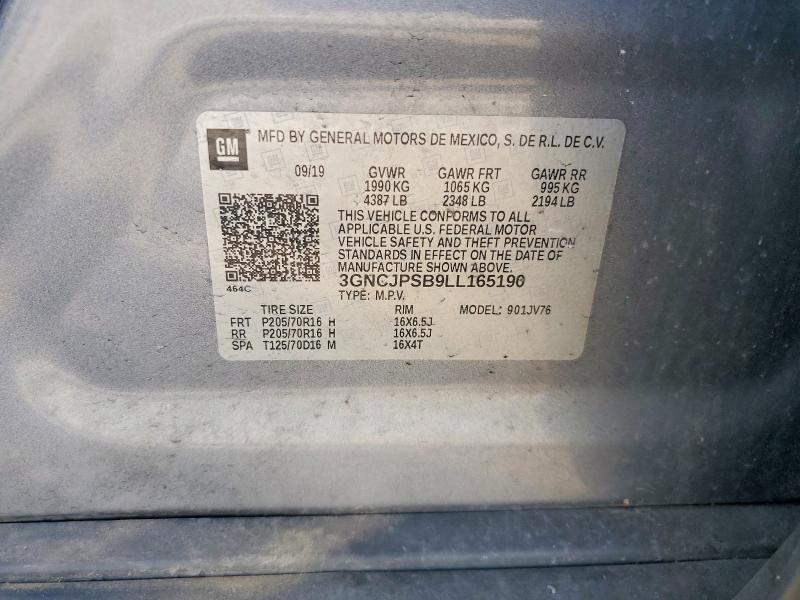 2020 Chevrolet Trax მანქანა იყიდება აუქციონზე, vin: 3GNCJPSB9LL165190, აუქციონის ნომერი: 59656456