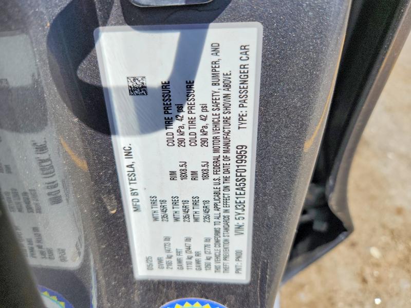Продаж на аукціоні авто 2025 Tesla Model 3, vin: 5YJ3E1EA5SF019959, номер лоту: 62519156