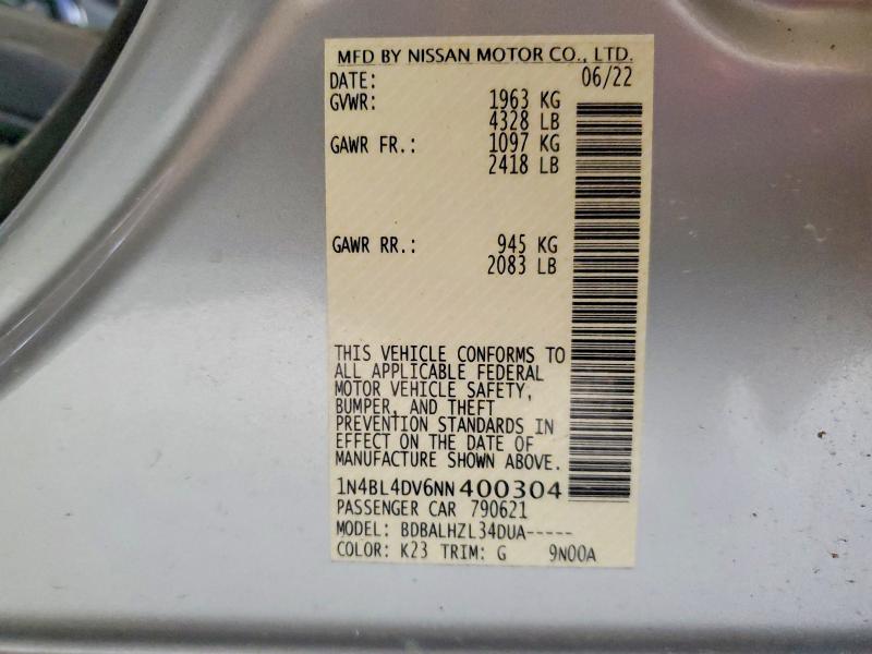 Продаж на аукціоні авто 2022 Nissan Altima, vin: 1N4BL4DV6NN400304, номер лоту: 60182946