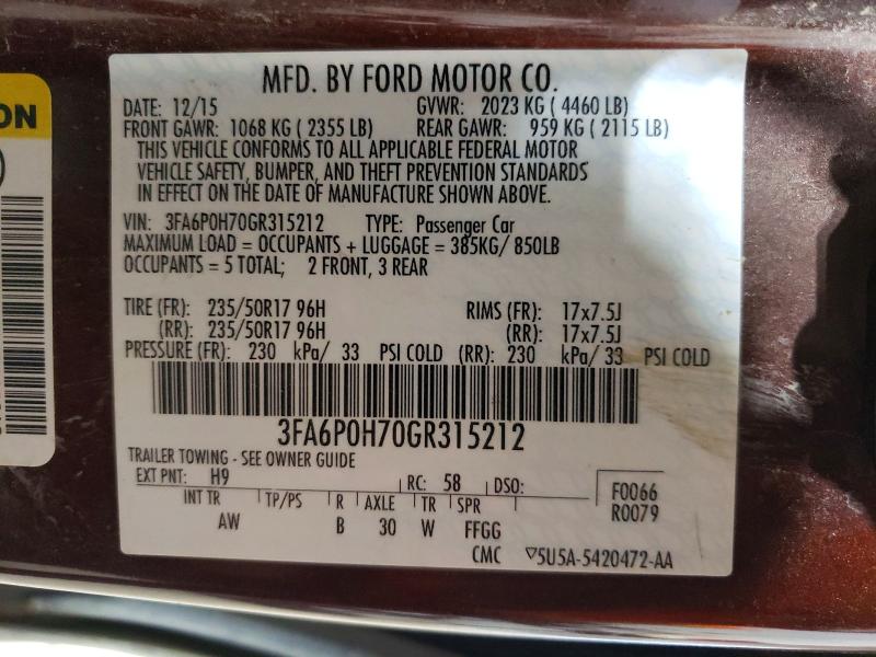 Auction sale of the 2016 Ford Fusion, vin: 3FA6P0H70GR315212, lot number: 62469586