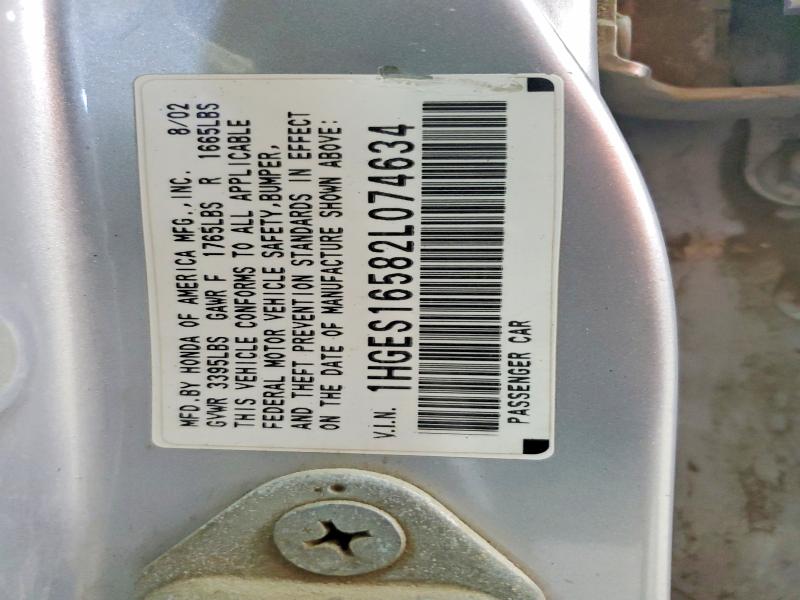 Aukcja sprzedaży 2002 Honda Civic, vin: 1HGES16582L074634, numer aukcji: 59660266