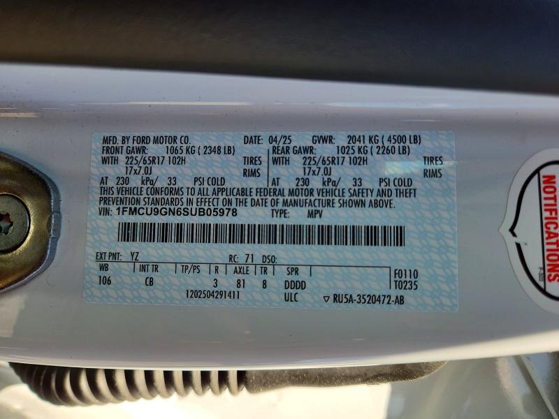61885256 :رقم المزاد ، 1FMCU9GN6SUB05978 vin ، 2025 Ford Escape مزاد بيع