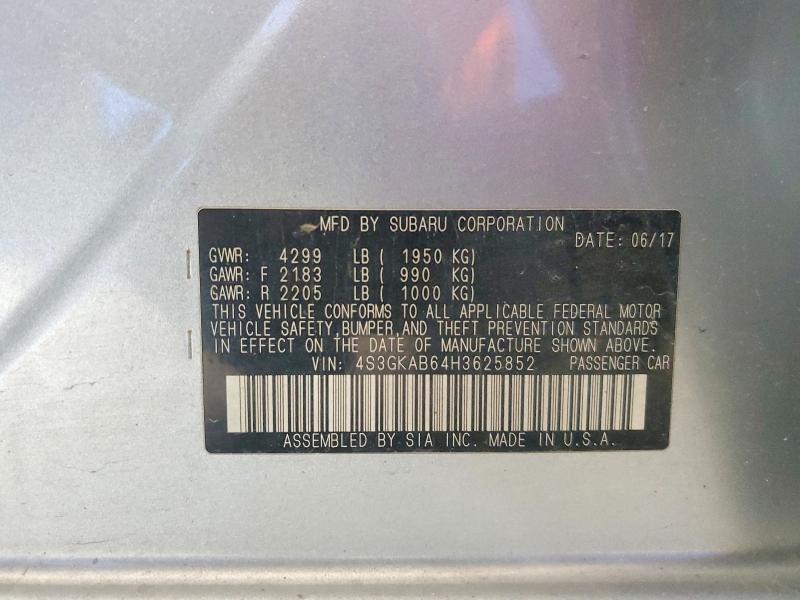 2017 Subaru Impreza მანქანა იყიდება აუქციონზე, vin: 4S3GKAB64H3625852, აუქციონის ნომერი: 59680026