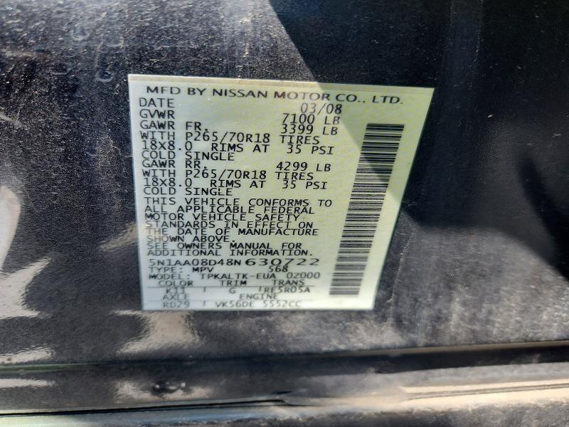 Aukcja sprzedaży 2008 Nissan Armada, vin: 5N1AA08D48N630722, numer aukcji: 62219486