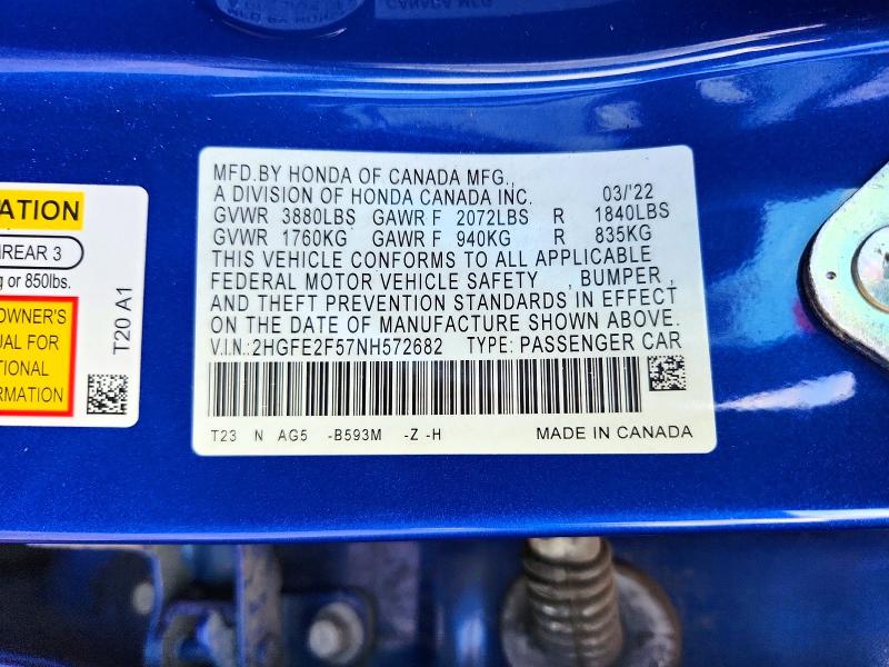 Продаж на аукціоні авто 2022 Honda Civic, vin: 2HGFE2F57NH572682, номер лоту: 62999736