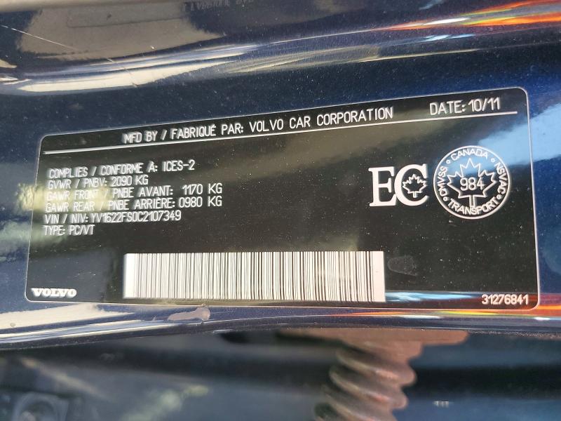 61727886 :رقم المزاد ، YV1622FS0C2107349 vin ، 2012 Volvo S60 مزاد بيع