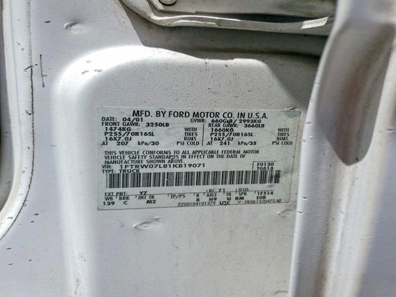 2001 Ford F150 მანქანა იყიდება აუქციონზე, vin: 1FTRW07L81KB19071, აუქციონის ნომერი: 61961986