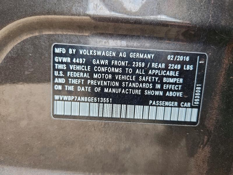 62166616 :رقم المزاد ، WVWBP7AN8GE513551 vin ، 2016 Volkswagen Cc مزاد بيع