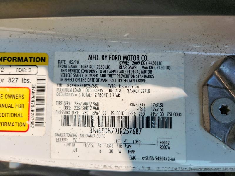Aukcja sprzedaży 2018 Ford Fusion, vin: 3FA6P0H79JR257687, numer aukcji: 61213766