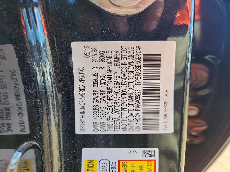 61548676 :رقم المزاد ، 1HGCV1F14KA098226 vin ، 2019 Honda Accord مزاد بيع