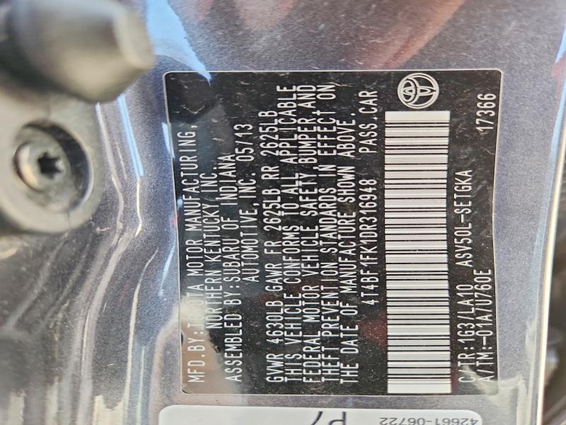 2013 Toyota Camry მანქანა იყიდება აუქციონზე, vin: 4T4BF1FK1DR316948, აუქციონის ნომერი: 62254786