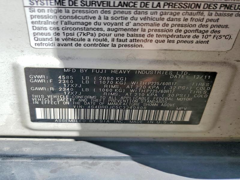 62828726 :رقم المزاد ، 4S4BRBJC5C3240808 vin ، 2012 Subaru Outback مزاد بيع