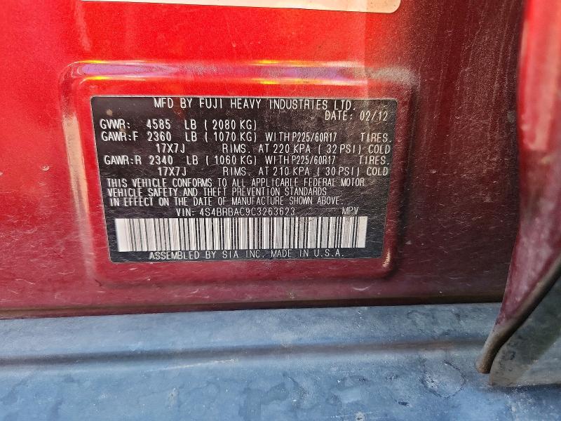 2012 Subaru Outback მანქანა იყიდება აუქციონზე, vin: 4S4BRBAC9C3263623, აუქციონის ნომერი: 63169786