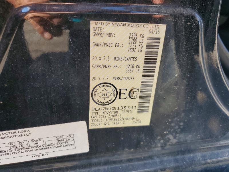 2016 Nissan Murano მანქანა იყიდება აუქციონზე, vin: 5N1AZ2MH7GN135541, აუქციონის ნომერი: 62651796